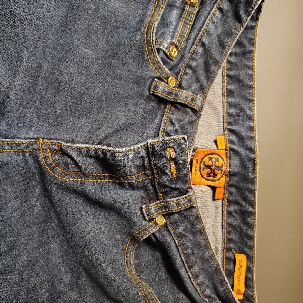 Tory Burch Ladies Dark Blue Jeans with Gold Stitching